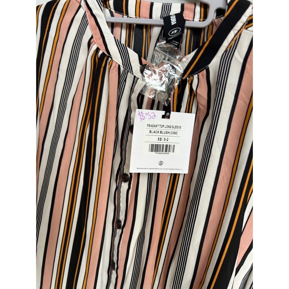 Agnes & Dora Peasant Top XS Long Sleeve Striped Button Down Blouse Black Blush - Picture 5 of 7